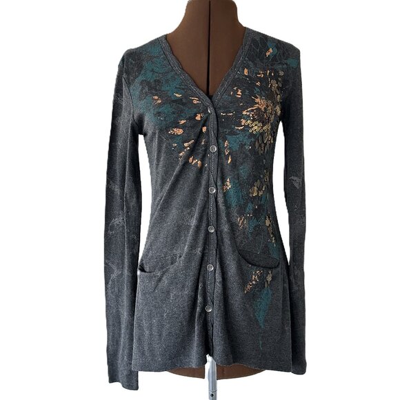 Miss Me Grey Cardigan with Sequin Trim Florals - Picture 1 of 8